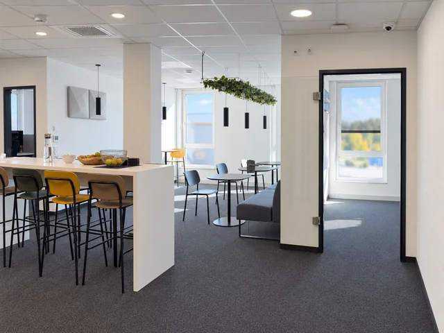 Gemeinsamer Aufenthaltsbereich im innos-Büro mit Küche, Sitzplätzen und Pflanzen.
